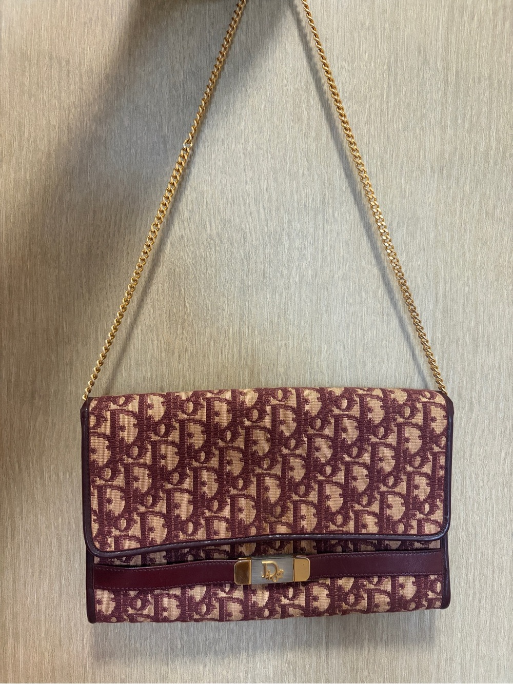 Auth Vintage Christian Dior Trotter Oblique Burgundy Canvas Chain Shoulder Bag